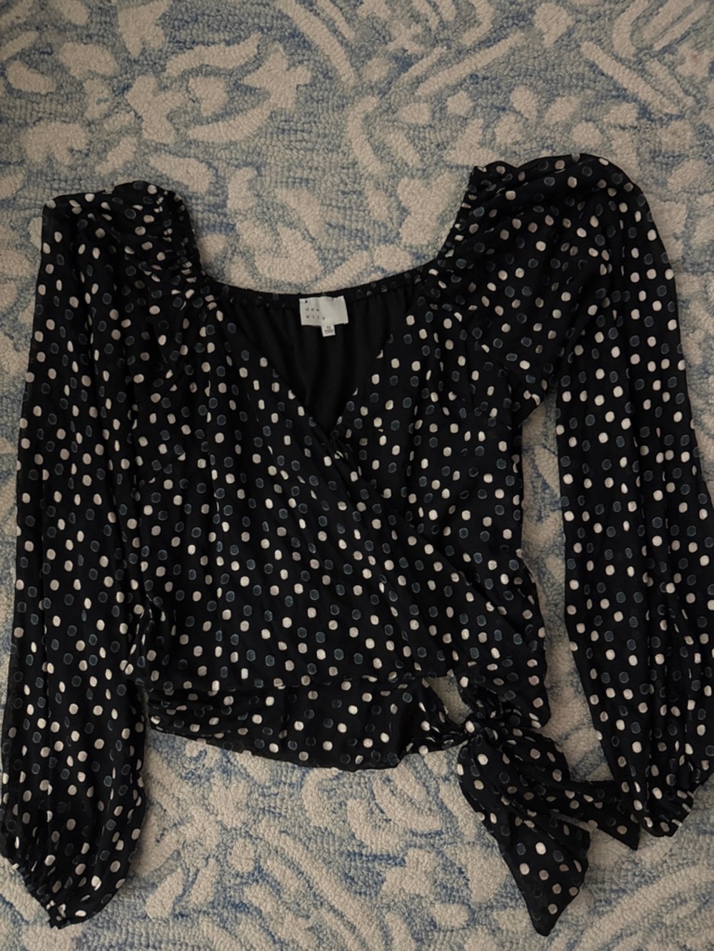 Black Polka Dot Wrap Blouse with Tie Waist